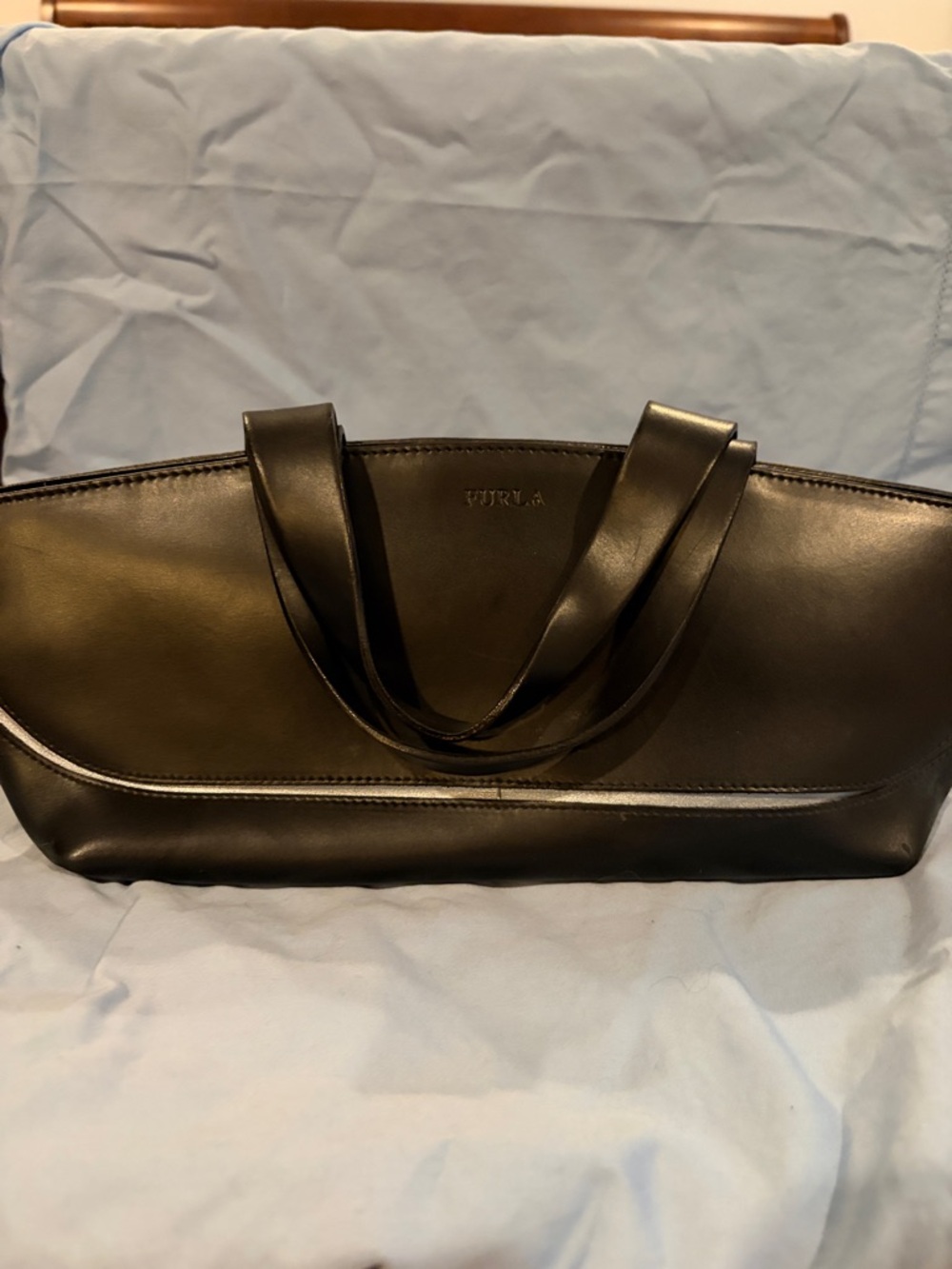 Furla Black Leather Oblong Purse with Zippered Center